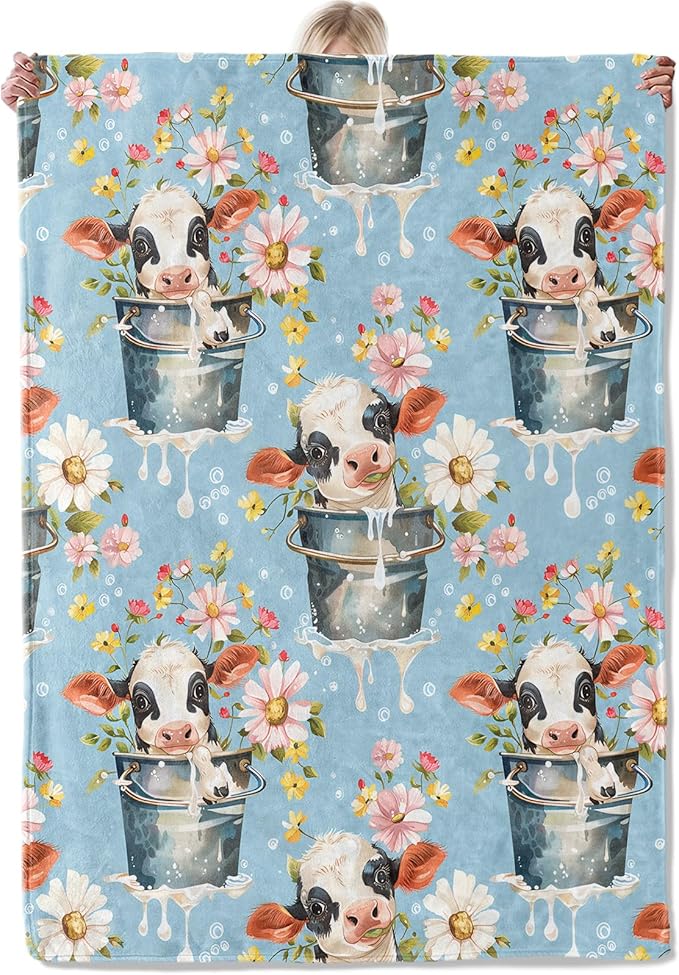 Farmhouse Cow and Daisy Throw Blanket Gifts for Women, Soft Fuzzy Warm Cozy Flannel Blankets for Bedroom, Travel, Couch, Home Decor 50x60 in