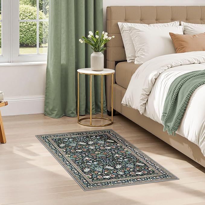 2x3 Area Rug Living Room Rugs - Washable Boho Vintage Floral Large Soft Non Slip Thin Rug Low Pile Carpet for Bedroom Dining Room Kids Playroom Office Decor Indoor- Black Blue