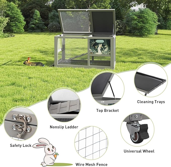 COZIWOW 36.5-Inch Double-Decker Wooden Rabbit Hutch with Wheels, Featuring A Cleaning Tray and Ladder—Stylish and Easy to Assemble（Grey and Pattern）
