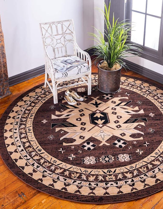 Unique Loom Taftan Collection Border Geometric Tribal Inspired Design Area Rug (8' 0 x 8' 0 Round, Brown/ Tan)