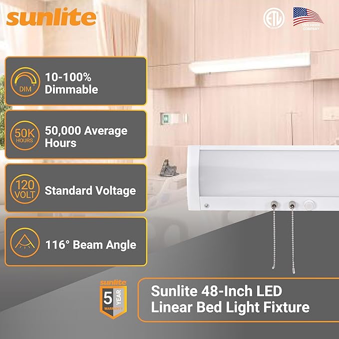 Sunlite 48-Inch LED Linear Bed Light Fixture, 20W/40W/60W, Color Selectable 30K/40K/50K, 2218-6958 Lumens, Dimmable, DLC & ETL Listed, 120V, 3-Way Switching (Up/Down), 116 Degree Beam Angle, White