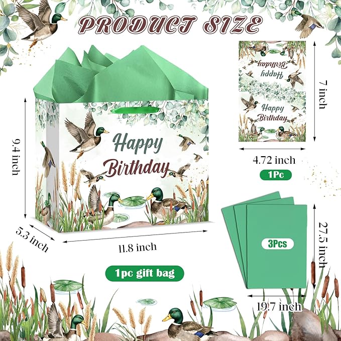 Wayyogh Mallard Duck Hunting Birthday Party Gift Bag Decorations One Lucky Duck Gift Bag with Wrapping Paper & Greeting Card for One Lucky Duck Birthday Party Baby Shower Supplies Decor Decorations
