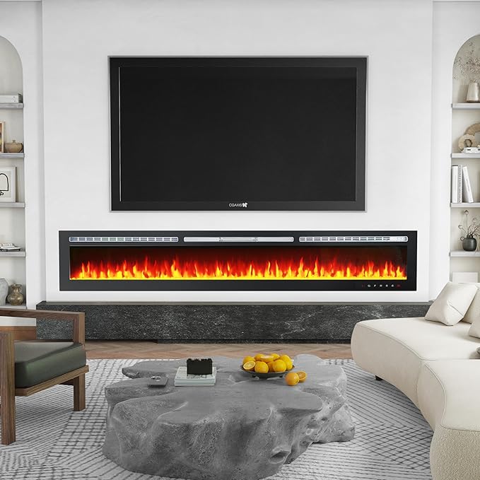 CharaVector 100 inch 750W/1500W Electric Fireplace Inserts with Remote Control in Wall Mounted, Energy Saving LED Insert Fireplace Heater Indoor Glass View with Remote Control & Touch Screen, Black