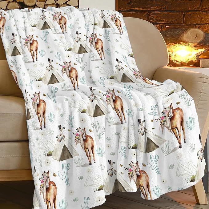 Horse Blanket Rustic Boho Horse Lover Throw Blanket Super Soft Plush Warm Fleece Flannel Western Cactus Decor Gifts for Baby Kids Girls Women Boys for Sofa Couch Bed 40"X50"