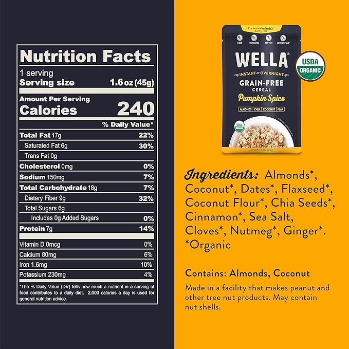 Wella Cereal Oatmeal Alternative, Gluten-Free Breakfast Hot Cereal, Grain-Free Paleo Organic Vegan High Protein Superfood, Plant-Based Non-GMO, Low in Net Carbs, Single-Serve Packets, Pumpkin Spice Flavor (10 Count, 1.6 oz. Packets)