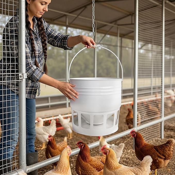 KOL Hanging Chicken Feeder – 20lbs Metal Chicken Feeder, Adjustable Poultry Feeder with 12 Ports, No Installation & Universal Height Design (Jade White)