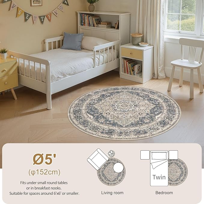 Washable 5 Ft Round Area Rug - 5x5 Area Rugs for Living Room Bedroom Dining Room Home Office Floor Decor- Vintage Floral Stain & Fade Resistant Non-Slip Backing Carpet(Blue/Beige)
