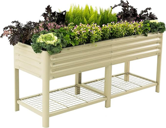 Elevated Raised Garden Bed-V Series, 2' x 6' Garden Beds with Legs & Storage Rack for Patio Porch, 1000 Lbs Weight Capacity, Outdoor Planter Boxes for Gardening Herbs Vegetables Flowers, Pearl White
