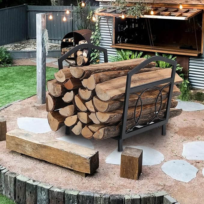 GREEN PARTY 17 Inch Small Firewood Rack Indoor/Outdoor Metal Firewood Holder, Decorative Fire Log Holder for Fireplace,Fire Pit,Heavy Duty Wood Rack,Wood Stove Accessories, 17" L X 13" W X 16" H