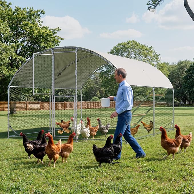 Large Metal Chicken Coop,10x13x6.5FT Chicken Run for Yard with Feeding Door, Round Top Walk-in Chicken Pen,Outdoor Poultry Cage with Anti-UV Cover,Duck Rabbit House