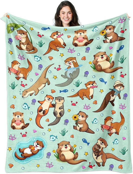 Otter Blanket Ultra Soft Flannel Sea Otters Throw Blanket Otters Birthday Bedding Decor Gifts for Kids Girls Boys Adults 60" x 50"