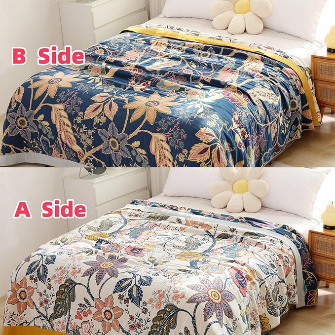 Boho Throw Blanket for Bed 100% Cotton Ultra Soft Rustic Quilt Fall Blanket Bird Floral Printed Farmhouse Decor Bed Blankets,60"×80" All Season Rustic Throw for Sofa Couch Chair