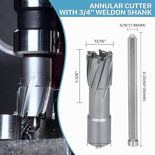 KEENTECH 2-PC Carbide-Tipped Annular Cutter Set, 13/16" Dia x 1-3/8" Depth, 3/4" Weldon Shank (2 Flat), High Speed Cutting TCT Mag Drill Bit with Pilot Pin for Harder Material