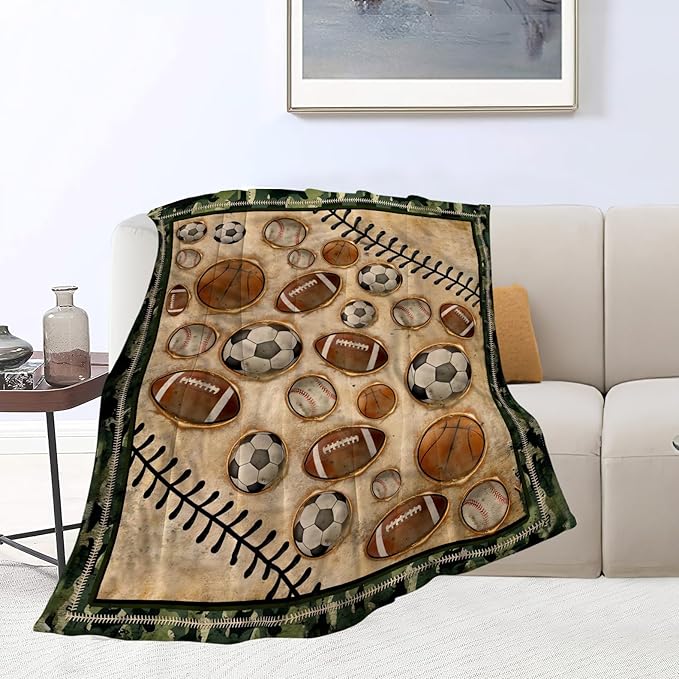 Vintage Sports Soccer Blanket Ultra Soft Cozy Plush Baseball Basketball Football Throw Blanket Sport Ball Fans Lovers Gifts Kids Adults Lightweight Flannel Comfy Blankets for Couch Sofa Bed 60"x50"