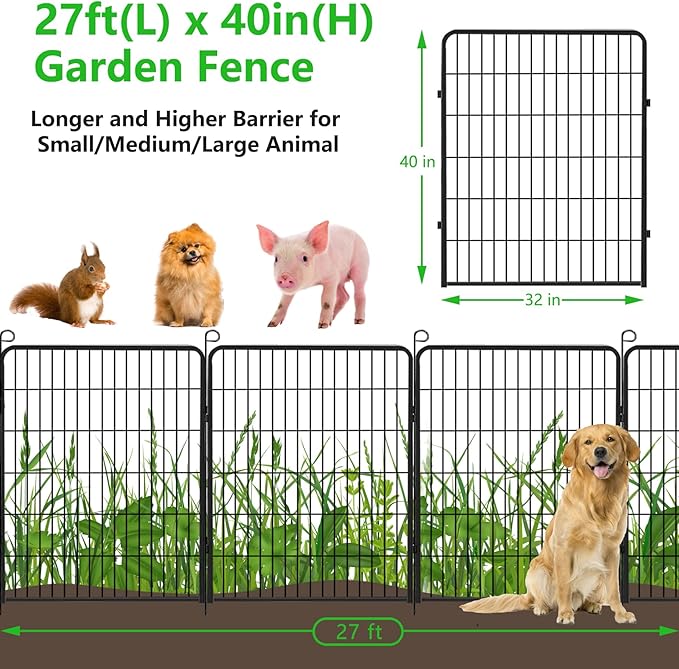 No Dig Decorative Garden Fence with Gate Rustproof Metal Fence Panels, 40in(H) x 27Ft(L) Garden Fencing for Yard 10 Panels Animal Barrier Fence for Dogs, Rabbit, Patio