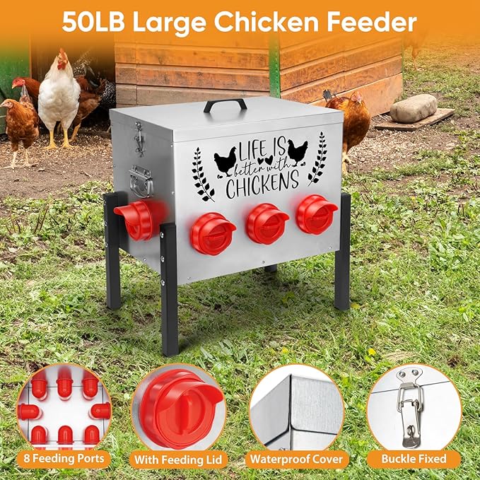 TGEYD 50LB Large Automatic Chicken Feeder – 8 Feeding Ports, No-Waste Poultry Feeder, with Adjustable Legs & Locking Lid