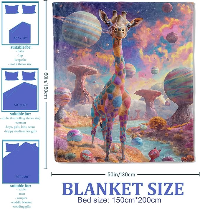 Colorful Giraffe in Space Pattern Throw Blanket 50"x60", Whimsical Animal Lover Blankets for Bedroom Giraffe Decor, Soft Flannel Polyester Gifts for Kids Women