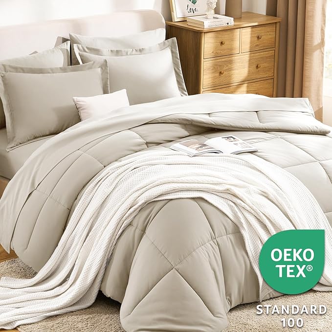 CozyLux Full Size Comforter Sets Oatmeal - 7 Pieces Bed in a Bag Full, Oeko-Tex Certified Bed Set, All Season Soft Bedding Set with Down Alternative Comforter, Sheets, Pillowcases & Pillow Shams