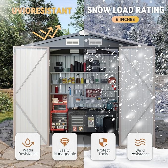 Aoxun 6' x 8' Storage Shed with Base Outdoor Steel Garden Utility Cabinet with Lockable Door Waterproof & Rust-Proof for Yard, Patio, Backyard (Brown, Base Included)
