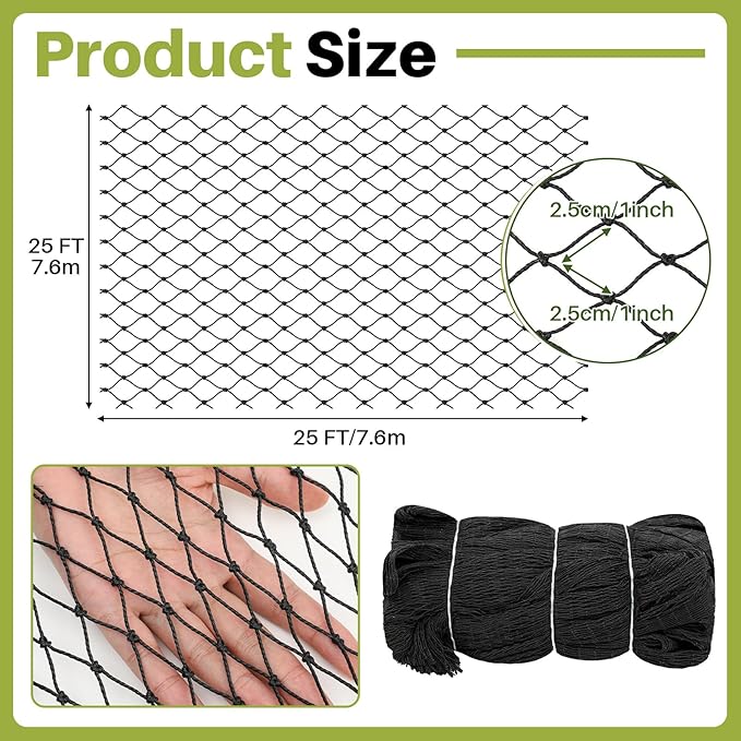 25 x 25 ft Aviary Bird Netting Commercial Grade Heavy Duty Knotted 1 inch Mesh for Chicken Netting Poultry Net Aviary Gamefowl Garden Blueberries Fruit Trees