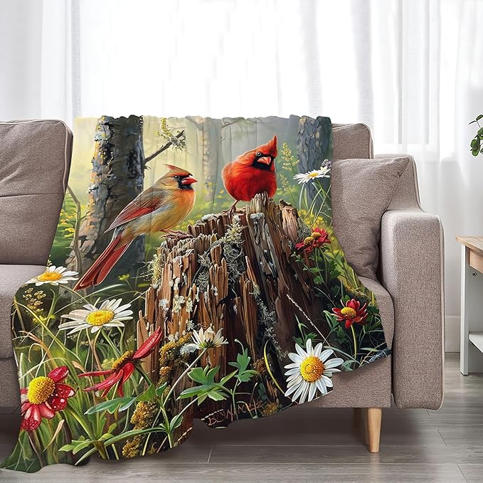 Cardinal Bird Blanket Cardinal in Forest Throw Blanket Bird Gifts and Decor Bird Blanket for Girls Women Kids Adults Soft Warm Cozy Fleece Blanket for Couch Sofa Bed 60"x50"
