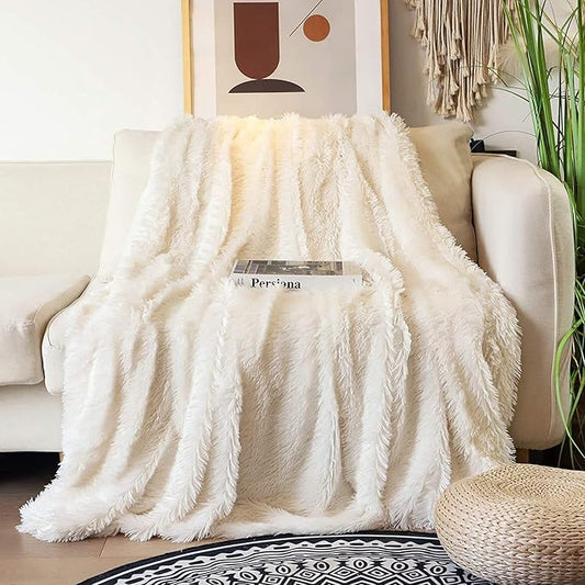 Tuddrom Decorative Extra Soft Faux Fur Blanket Queen Size 80"x90",Solid Reversible Fuzzy Fluffy Plush Fur Blanket for Couch Sofa Bed,Cream White