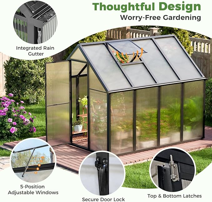8.2x6.2 FT Outdoor Greenhouse, Easy Assembly Aluminum Heavy Duty Polycarbonate, Vent Window, Swing Door, Walk-in, for Sunroom, Patio, Backyard, Garden, Black