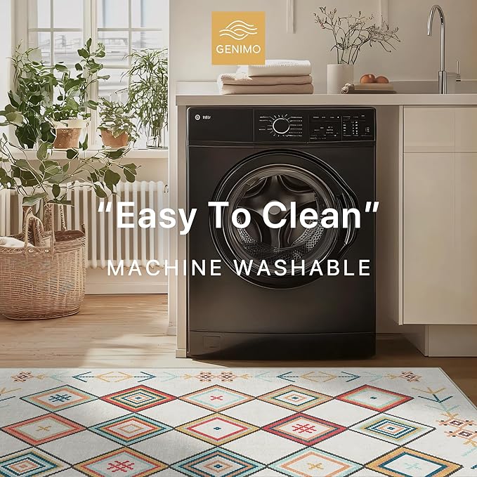 GENIMO Machine Washable 3x5 Area Rugs for Living Room, Non Slip Vintage Rugs, Low Pile Lightweight Chenille Print Rug for Bedroom, Dining Room, Home Office, Rainbow