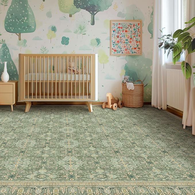 Sage Green Rugs 8x10, Washable Non Slip Area Rug for Living Room Bedroom Dining Room, Boho Floral Moroccan Pattern Printed Carpet Rug Low Pile Thin for Nursery Playroom Kids Room
