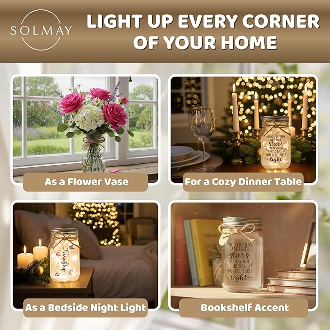 SOLMAY Friendship Gifts for Women – “Good Friends Are Like Stars” Mason Jar Night Light, Best Friend Birthday Gift for Women, Sentimental Christmas Gifts for Her, Cozy Rustic Home Decor Ready to Gift