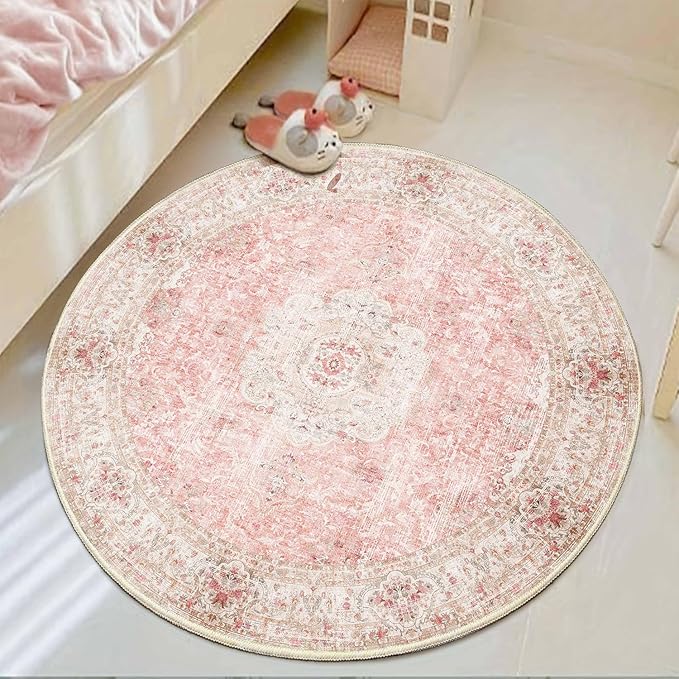 Pink Round Rug 4ft, Circle Washable Area Rugs for Bedroom Bathroom Entryway, Boho Vintage Bohemian Distressed Oriental Floral Carpet Non Slip,Blush