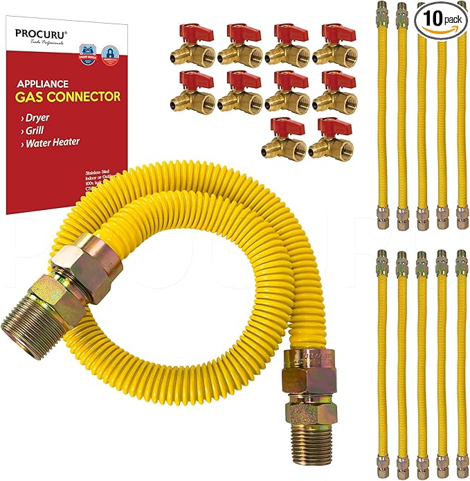 [10-Pack] PROCURU Wholesale 1/2" OD x 30" (2.5Ft) x 1/2"MIP x 1/2" Angle Valve, Flexible Gas Connector, Yellow-Coated Stainless Steel Tubing for Dryer, Grill, Water Heater (Red-6G1230-AV-10P)
