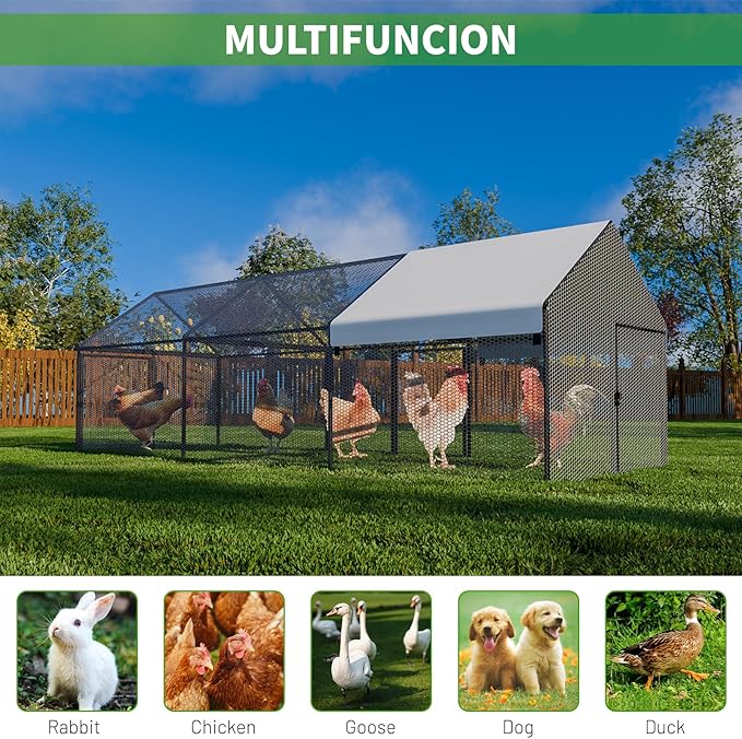 Metal Chicken Coop with Waterproof Cover, 118"x40"x40" Portable Poultry Cage, Outdoor Backyard Farm Walk-in Hen House for Chickens, Ducks, Rabbits and Small Pets
