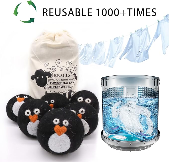 Pack of 6 Wool Dryer Balls, Muulaii Reusable Fabric Softener, Extra Large, Black Penguin