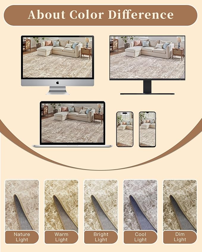 Madane Washable Area Rug 4x6, Low Pile Stain Resistant Vintage Area Rugs, Non Slip Accent Rug Floral Print Indoor Mat for Living Room Kitchen Bedroom, Beige/Brown