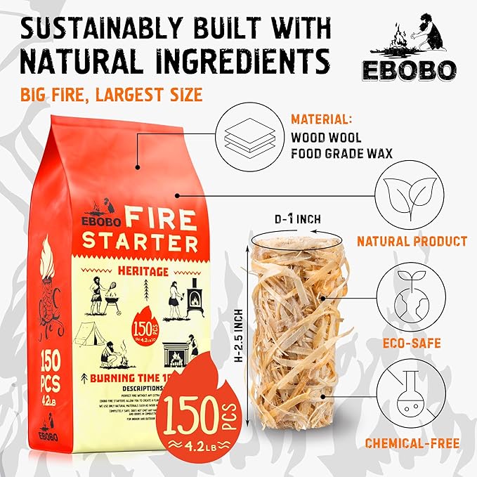 150 pcs Natural Fire Starters for Fireplace, Wood Stove, Charcoal Grill, BBQ, Fire Pit & Smoker – Wood Wool & Wax Rolls – Easy to Light, No Prep, No Mess