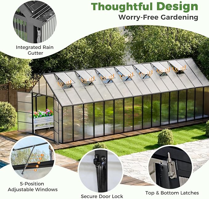 10'x10'x32' Snap-Together Greenhouse - Easy 3-Way Connectors, Heavy-Duty Aluminum Frame, Wind/Snow Resistant for Gardening/Urban Farming, Includes Sliding Door & Ventilation Windows