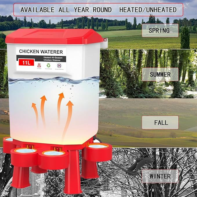FXiaoy Heated Chicken Waterer, Automatic Poultry Waterer, 11L (Red, 11L)