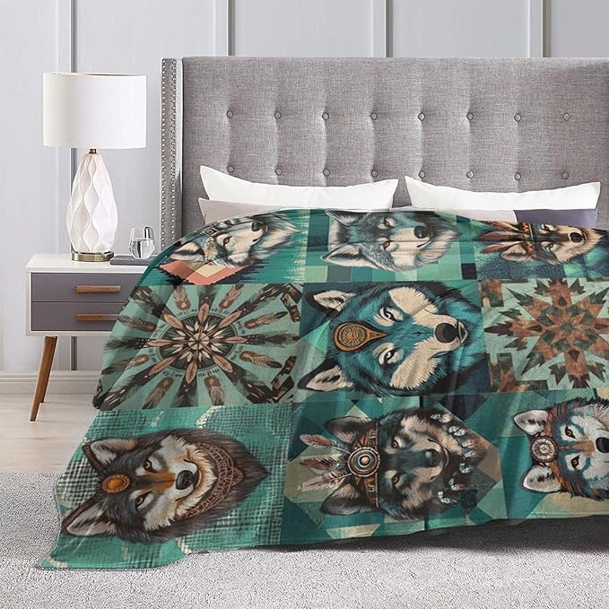 Wolf Cozy Soft Teal Flannel Plush Throw Blanket - Warm Fluffy Wolf Fleece Bedding Stuff Decor - Gifts for Lover Girls Boys Kids Adults Women Bed Travel - 50"x60"