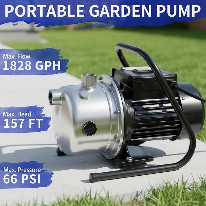 LANCHEZ 1.2 HP Portable Shallow Well Garden Pump, 1828 GPH Stainless Steel Sprinkler Pump, 115V Water Transfer Draining Irrigation for Lawn