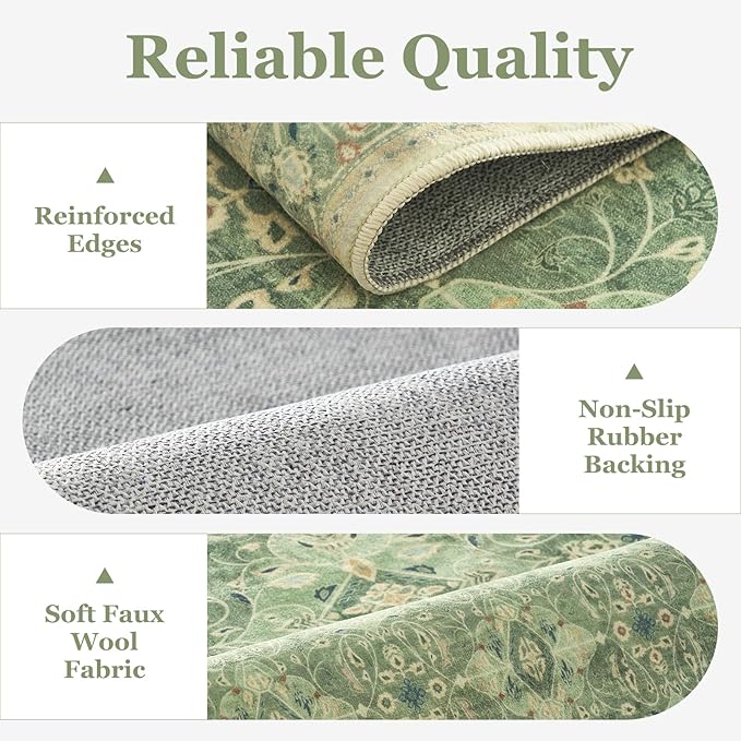 Sage Green 3x5 Entryway Rug Indoor, Boho Floral Moroccan Pattern Printed Throw Rugs for Nursery Bedroom Bedside, Low Pile Thin Non Slip Washable Area Rug for Kitchen Foyer Mudroom Dorm