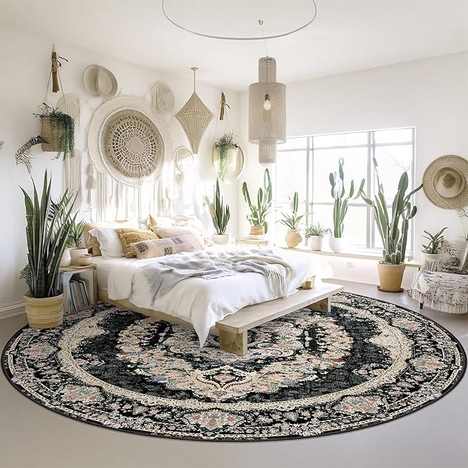 Black Round Rug 9ft,Large Circle Area Rugs for Bedroom Living Room Dining Room,Washable Boho Vintage Bohemian Distressed Oriental Carpet Non Slip,Floral