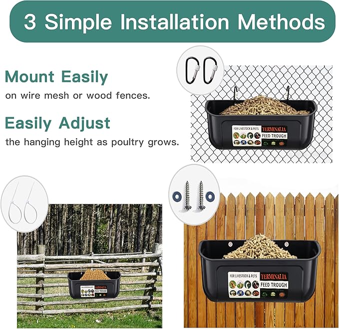 2 Pack Duck Chicken Feeder | Hanging Fence Feed Trough | Goose Turkey Water Trough with Clips | Livestock Feeding Container | Poultry Bucket | 5 Quarts in Total| Green
