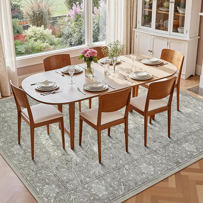 Collive 8x10 Area Rugs for Living Room, Washable Neutral Hand-Painted Floral Bedroom Rug, Vintage Distressed Non Slip Low Pile Large Carpet, Soft Retro Dining Room Office Rug, Taupe