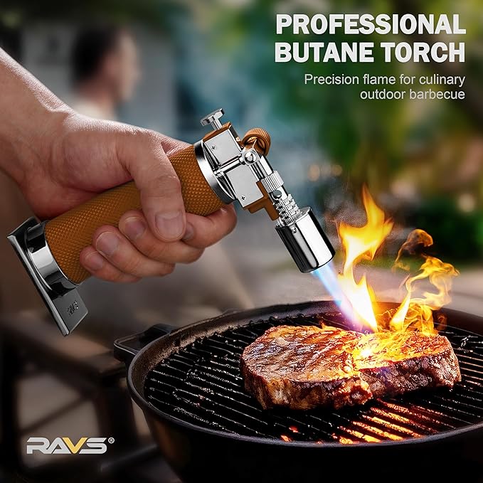 RAVS Butane Torch Lighter, Kitchen Torch with Adjustable Flame, Cooking Torch for Creme Brulee, BBQ, DIY, Christmas Gifts Stocking Stuffers Gifts for Women, Brown, Butane Gas Not Included