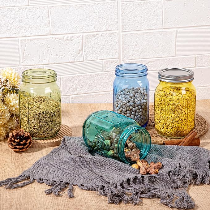 WELLIFE 6PCS 32 oz Mason Jars Wide Mouth-Vibrant Colored Glass Jars for Canning, Food Storage, Fermenting & DIY Craft. Glass Jar with Lid, Airtight & Durable