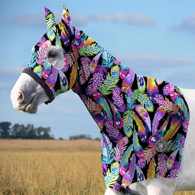 Harrison Howard Soft Horse Hood All-Covered Comfortable Sleezy for Horses with Zipper Feather Hues M