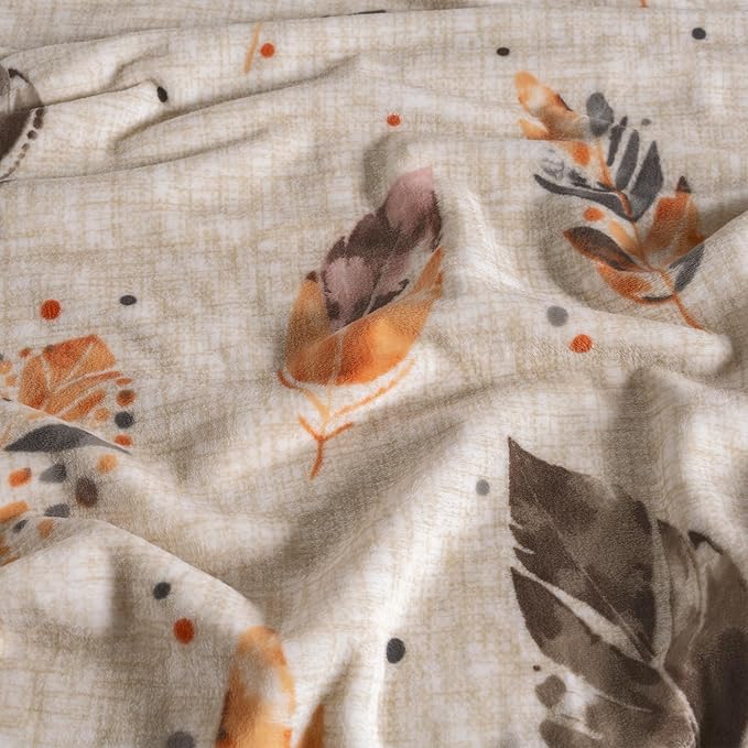 Vianney Feathers Queen Size Lightweight Fleece Blanket in Cream with Grey and Coral Feather Pattern