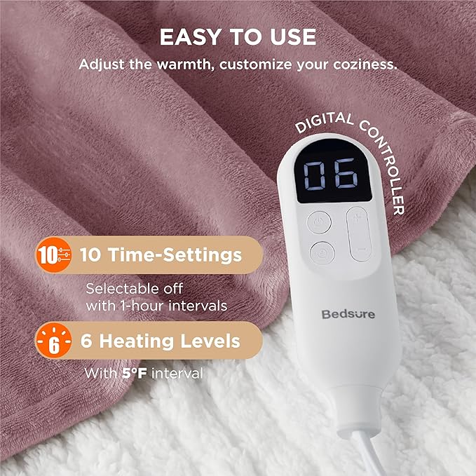 Bedsure Electric Blanket Twin - Soft Flannel Heated Blanket, Fast Heating with 10 Time Settings & 6 Heat Settings, Warm Gifts for Grandma (62x84 inches, Woodrose)