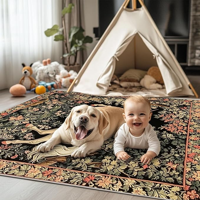 6x9 Unicorn Area Rugs Boho Floral Botanical Rug for Living Room Indoor Soft Non-Slip Thin Vintage Large Carpet Black Rugs for Bedroom Home Decor Under Table Washable Machine
